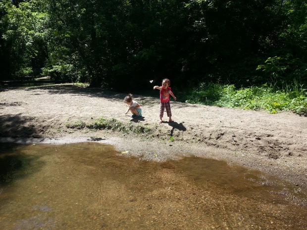 Exploring a nearby creek and working on rock-throwing skills.