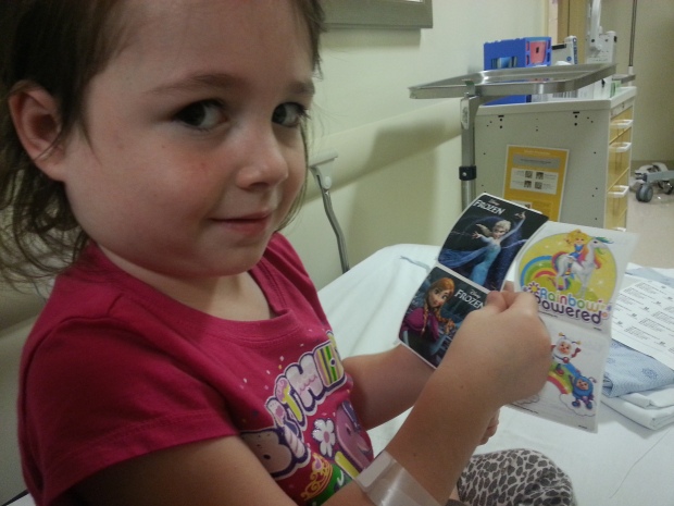 Brenna managed to get a midnight trip to the ER recently, too, thanks to an infection. But all is well when you get Frozen stickers!