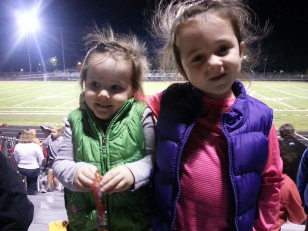 I took the girls to a high school football game a few weeks ago to watch a friend. They were especially fond of visiting the concession stand (Skittles and popcorn!).